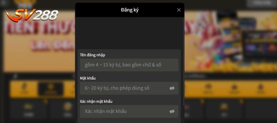 Nhập thông tin tài khoản để đăng ký SV288