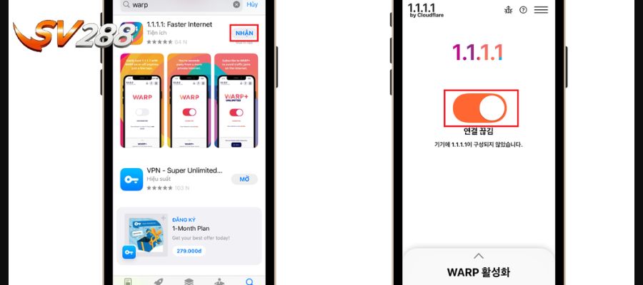 Truy cập link SV288 bị chặn bằng phần mềm 1.1.1.1 cho iOS